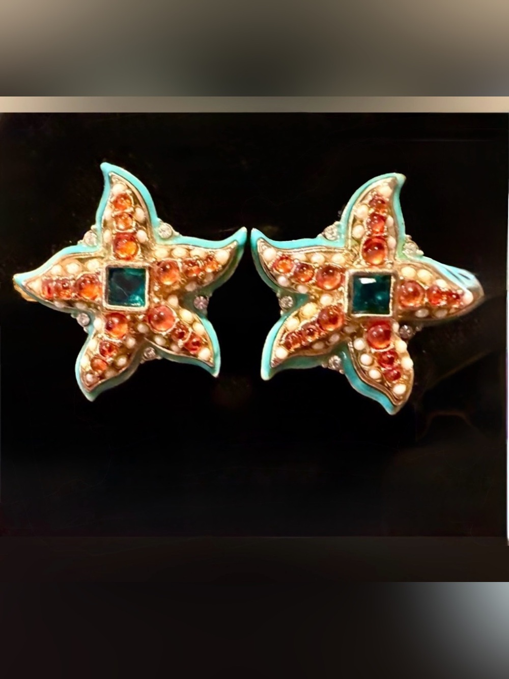 Vintage Kenneth Jay Lane KJL Avon Starfish Aqua Enamel Orange Cabochons Crystals
